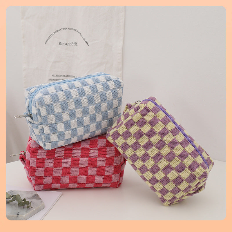 6pcs Checkerboard Knitted Cosmetic Organizer Set, Portable Makeup Brush Travel Cases, Toiletry Storage Pouches, No Power Required, Standalone Installation