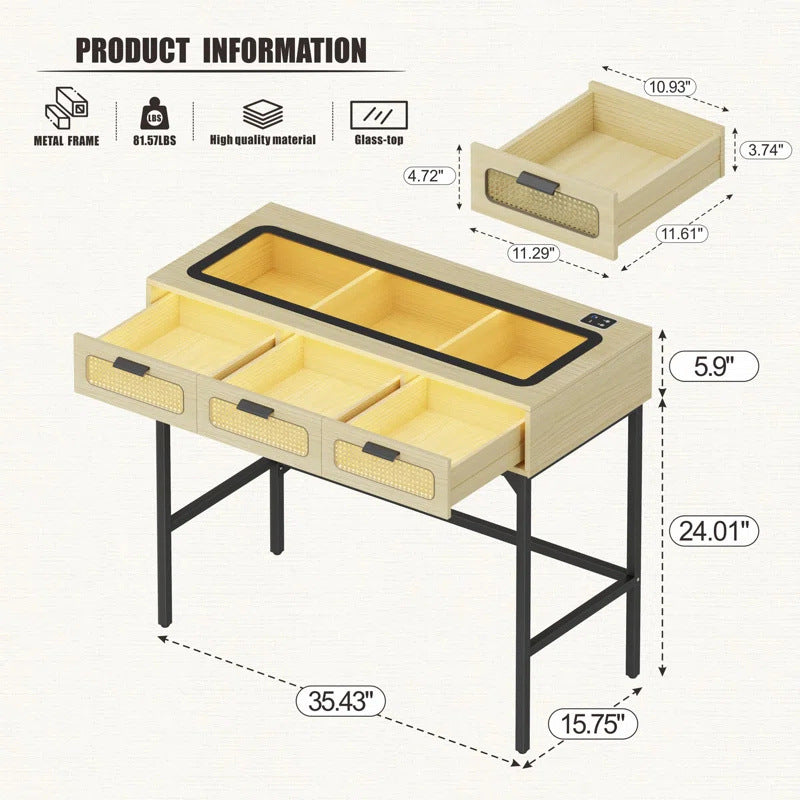 Makeup Vanity With LED Lights - Vanity Desk With Glass Top Design & Charging Station, Wooden Makeup Table With Rattan Drawers, Bedroom Furniture Dressing Table Office Desk