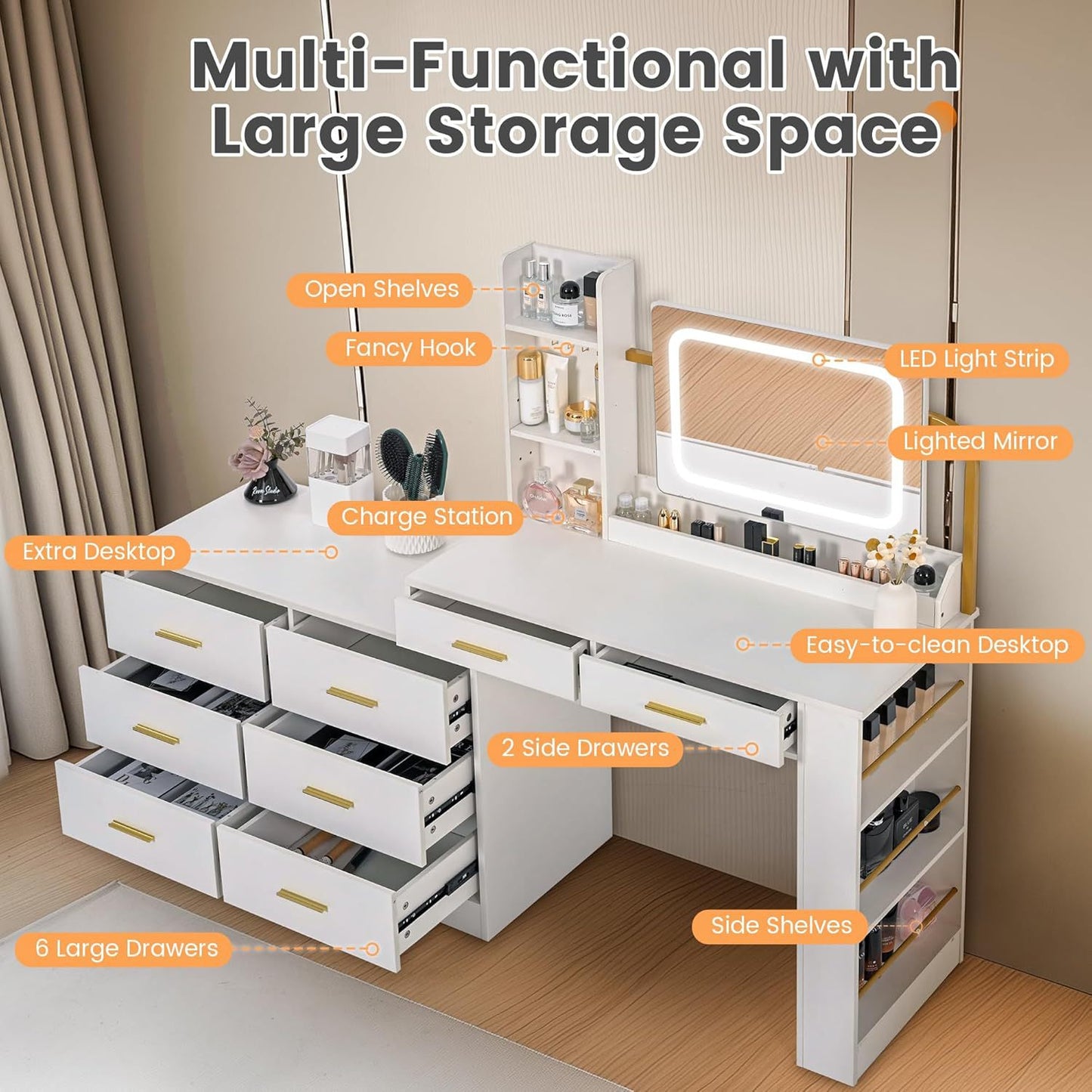 Makeup Desk With Mirror And Light, White Makeup Vanity With Charging Station, 8 Drawers, 3-tier Tabletop Shelves, 3 Side Shelves, White
