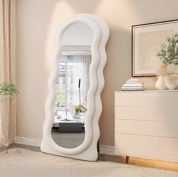 Wavy Flannel Soft Cover Full-body Floor Mirror, With Support Can Be Placed On The Ground, Can Also Be Wall-mounted, Dual-use Shatter-proof Cream Wind Dressing Mirror, Not Easily Broken Floor Fitting Mirror