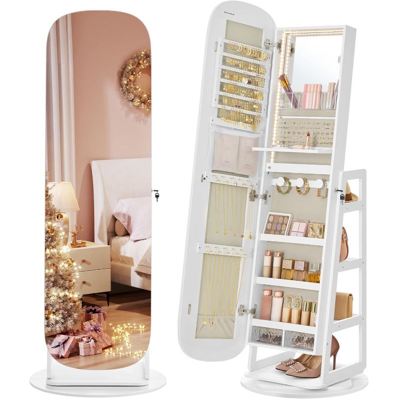 LED Jewelry Organizer with 360° Swivel, Lockable Full-Length Mirror Cabinet - Battery-Powered, Wooden Storage for Jewelry, Watches & Accessories