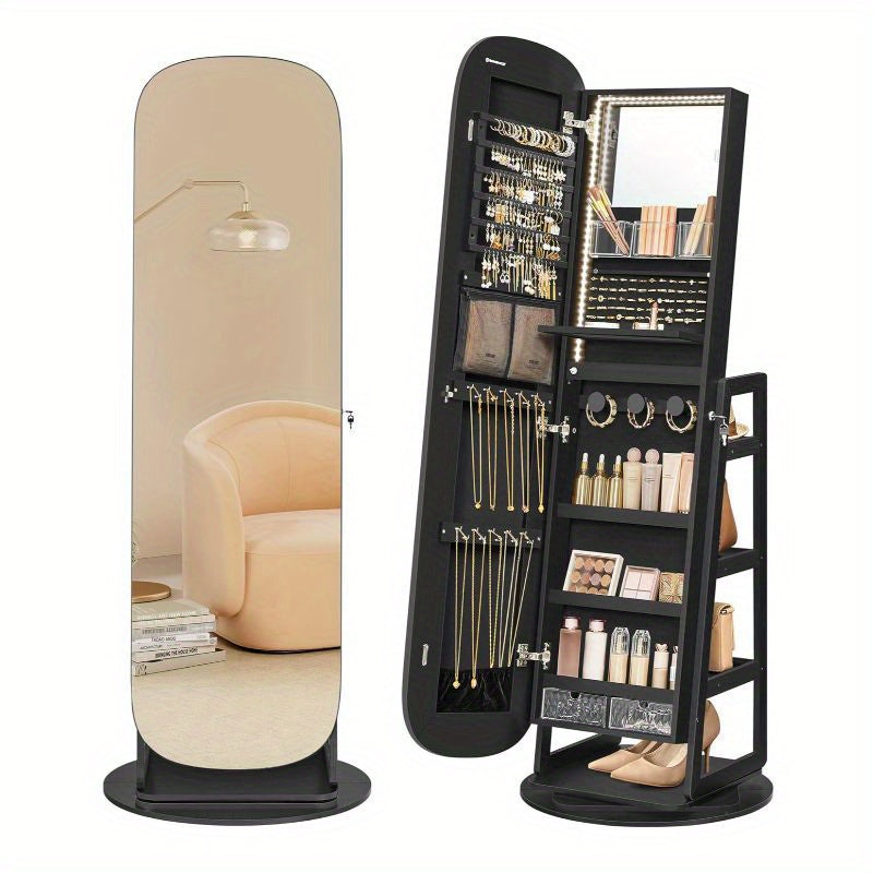 LED Jewelry Organizer with 360° Swivel, Lockable Full-Length Mirror Cabinet - Battery-Powered, Wooden Storage for Jewelry, Watches & Accessories