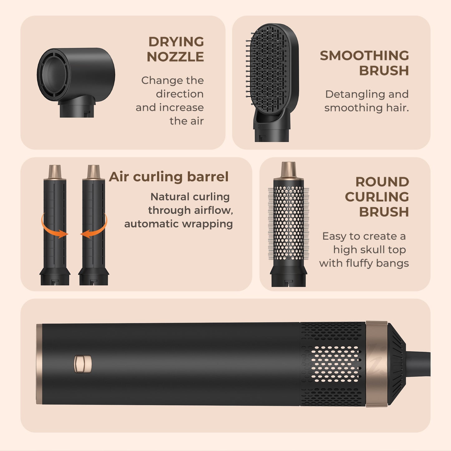 5-in-1 Hair Styling Kit: Powerful Blow Dryer, Detachable Brush, Straightener & Curler Wand with Nozzle - Includes Heat-Resistant Glove, 3 Temperature Settings for All Hair Types, UKLISS