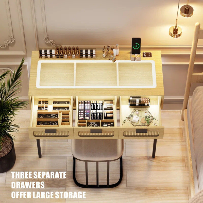 Makeup Vanity With LED Lights - Vanity Desk With Glass Top Design & Charging Station, Wooden Makeup Table With Rattan Drawers, Bedroom Furniture Dressing Table Office Desk