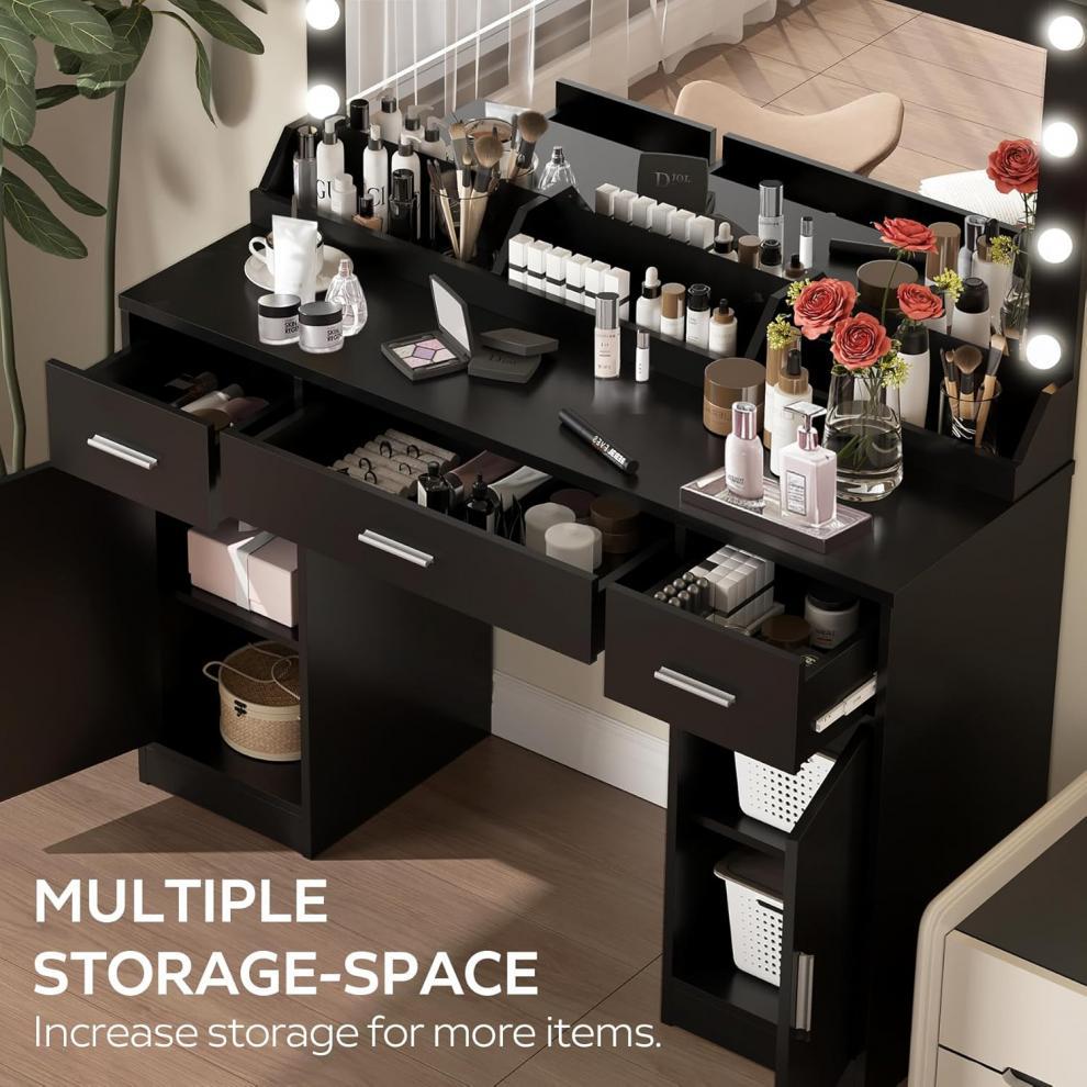 Meal Shaved Board with Three Amines 3 Drawers and 2 Doors Dressing Table Set with 12 Three-color Dimmable Light Bulbs, Socket and Glass Tabletop