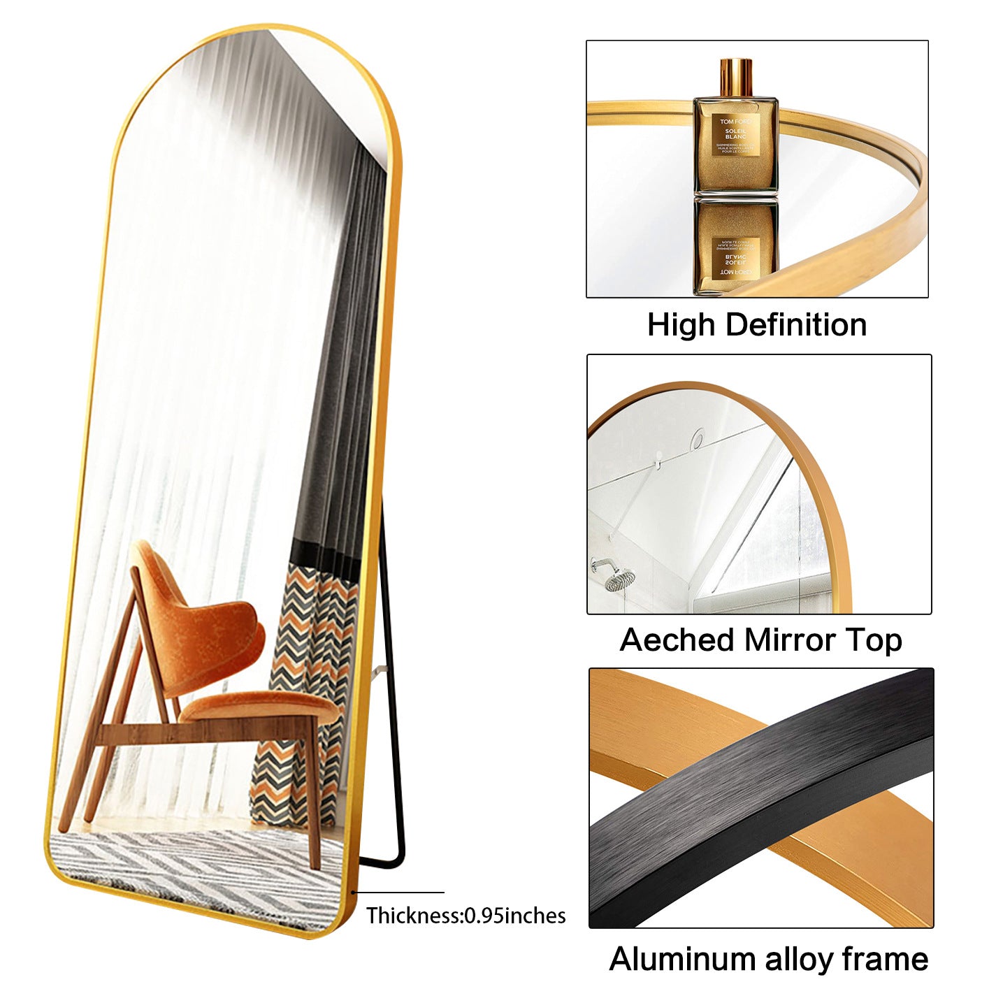 Full Length Home Mirror, Freestanding Floor Mirror, Semi-Circle, Floor Mount, Modern, Aluminum, Living Room, Bedroom, Cloakroom