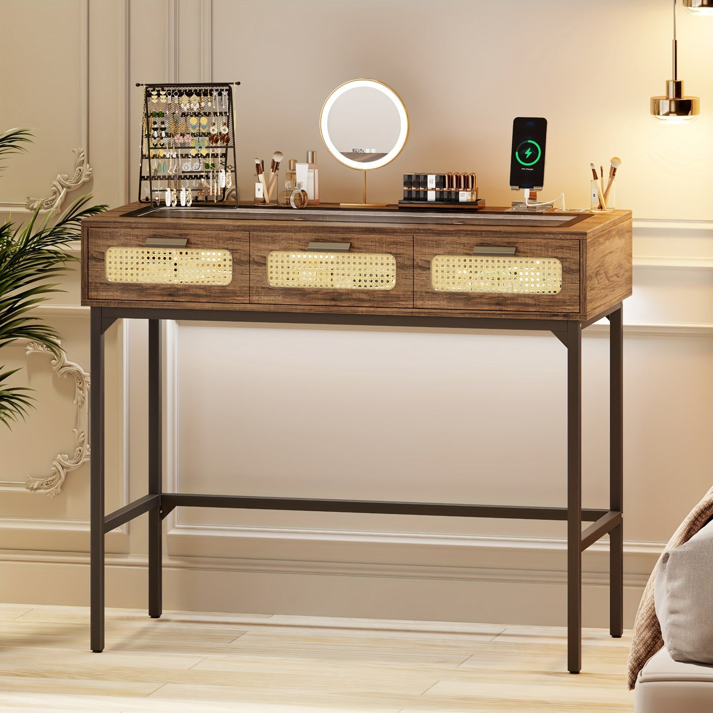 Makeup Vanity With LED Lights - Vanity Desk With Glass Top Design & Charging Station, Wooden Makeup Table With Rattan Drawers, Bedroom Furniture Dressing Table Office Desk