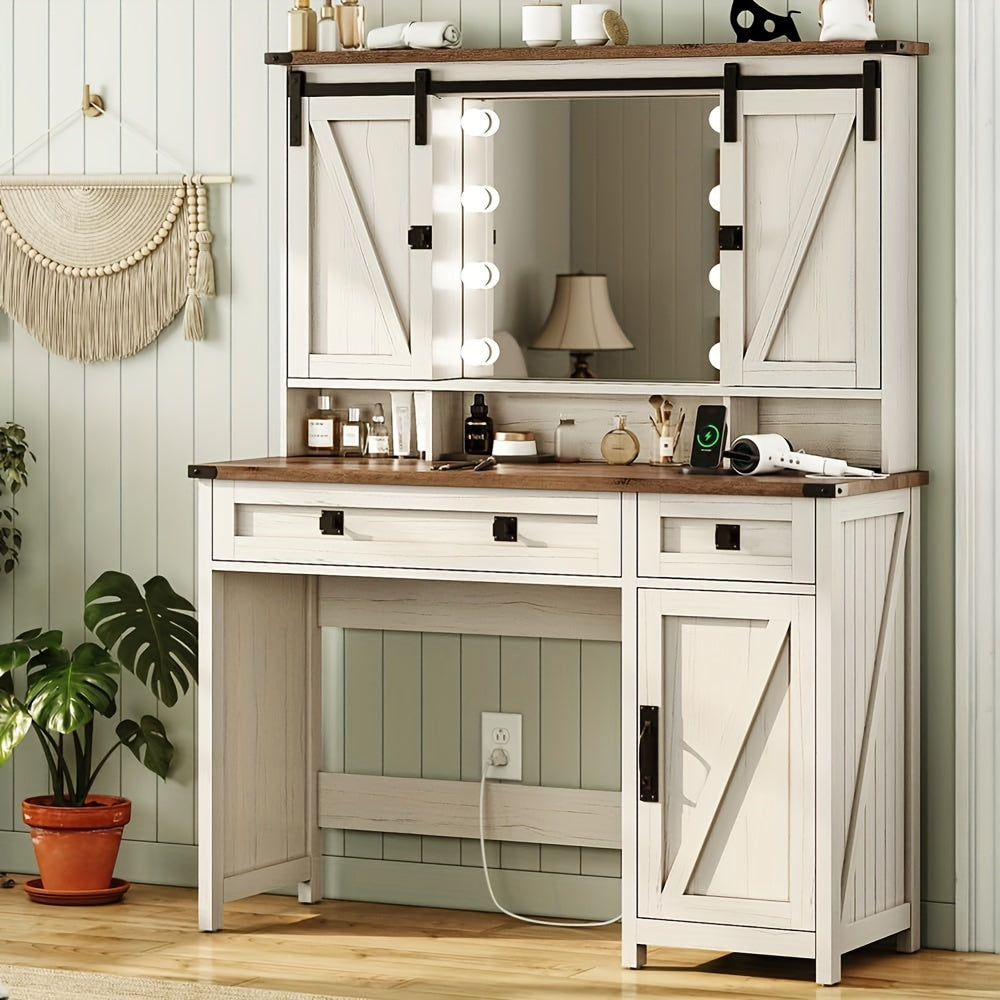 Makeup Vanity Desk With Charging Station White Bedroom Dressing Table With Jewelry Hooks & Open Storage Shelves