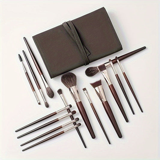 15pcs Luxe Goat Hair Makeup Brush Set - Professional, Fragrance-Free for All Skin Types with Metal Handles