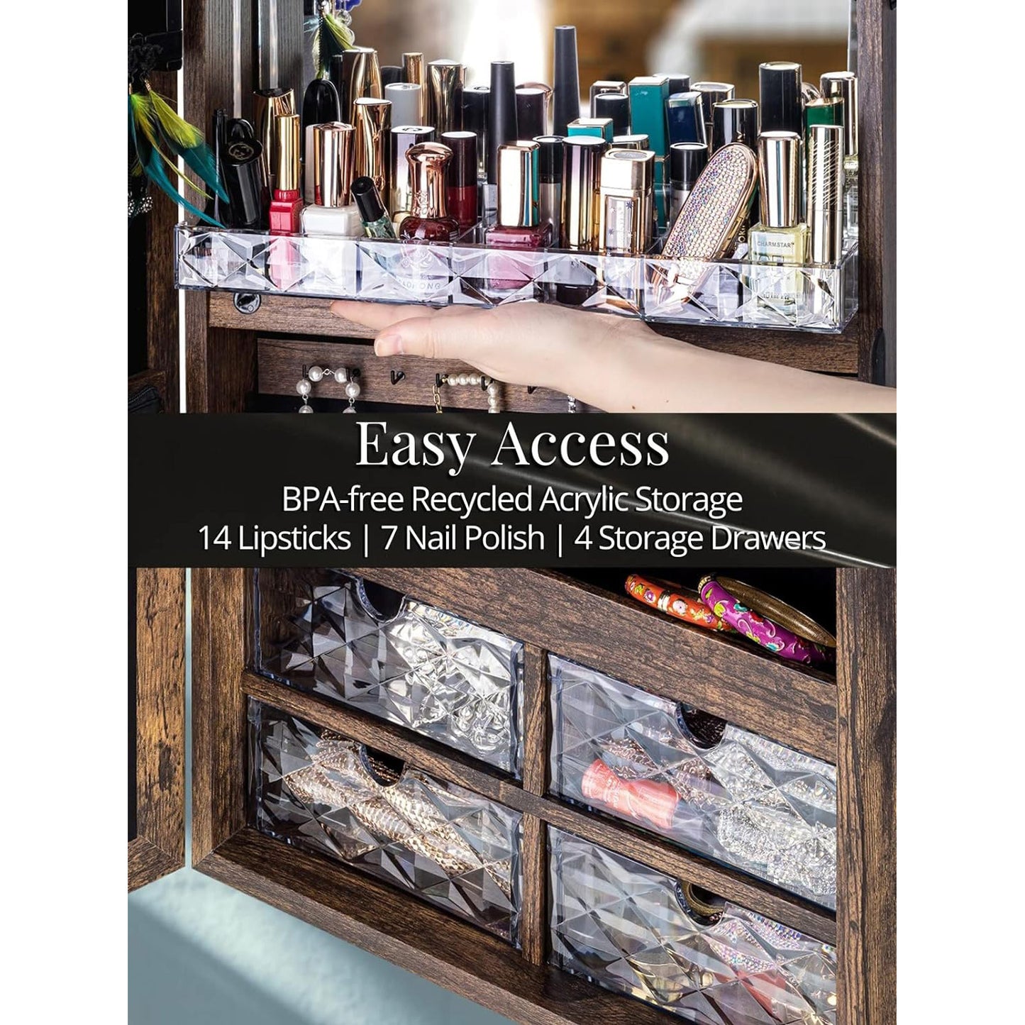 Rustic Wall-Mounted LED Jewelry Armoire with Full-Length Mirror - Large Capacity, Lockable Wooden Organizer for Bedroom & Cloakroom, Battery-Powered, Space-Efficient Storage with Anti-Oxidation Lining, Bedroom Decor