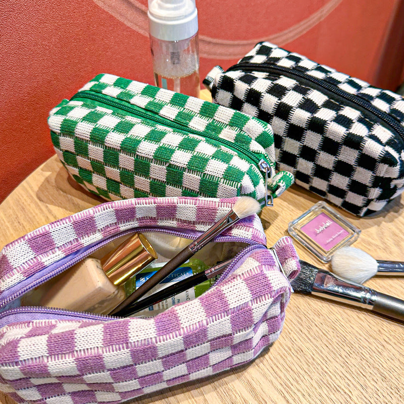 6pcs Checkerboard Knitted Cosmetic Organizer Set, Portable Makeup Brush Travel Cases, Toiletry Storage Pouches, No Power Required, Standalone Installation