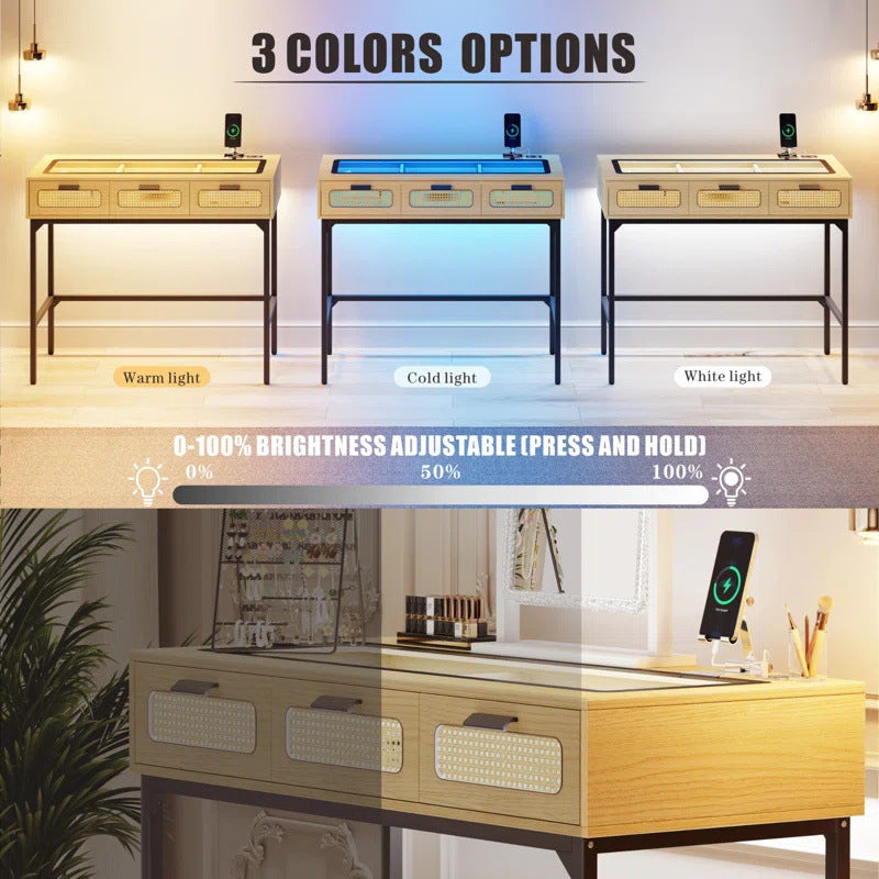 Makeup Vanity With LED Lights - Vanity Desk With Glass Top Design & Charging Station, Wooden Makeup Table With Rattan Drawers, Bedroom Furniture Dressing Table Office Desk