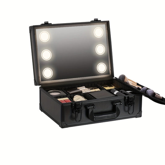 Makeup Travel Lighted Case with Large LED Light Mirror Coetic Bag Organizer Professional Adjustable Divider Storage, Portable Make up Train Box Accessories And Tools Case