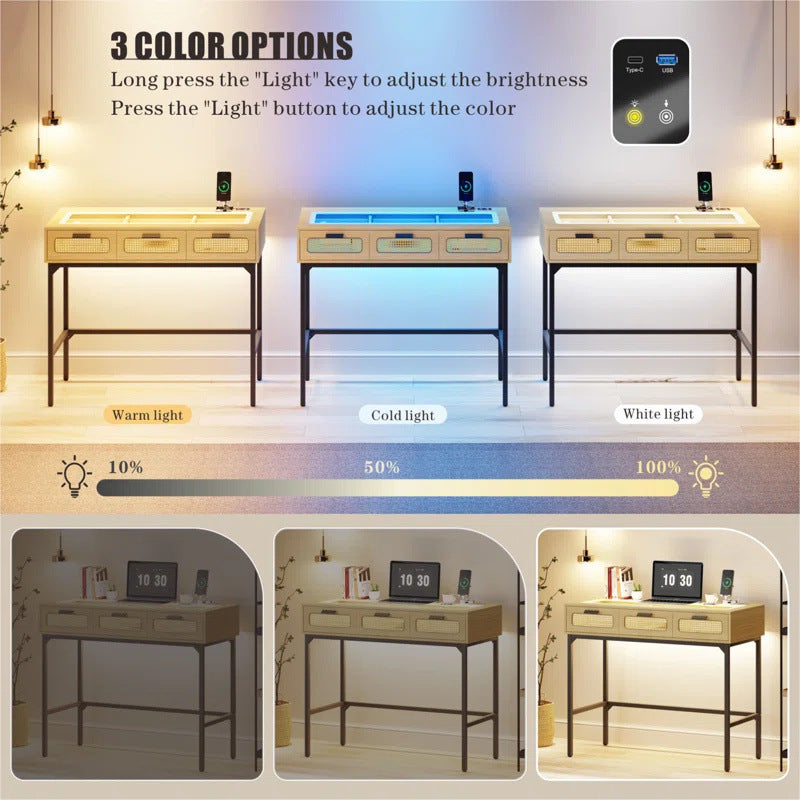 Makeup Vanity With LED Lights - Vanity Desk With Glass Top Design & Charging Station, Wooden Makeup Table With Rattan Drawers, Bedroom Furniture Dressing Table Office Desk