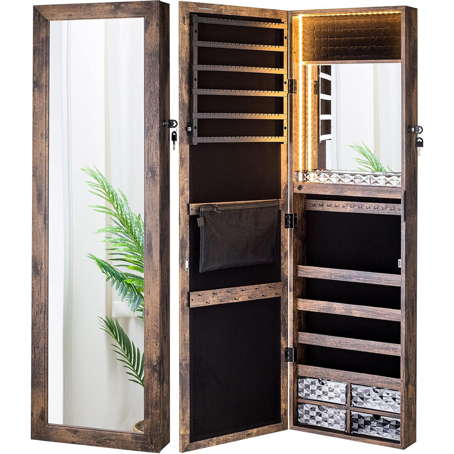 Rustic Wall-Mounted LED Jewelry Armoire with Full-Length Mirror - Large Capacity, Lockable Wooden Organizer for Bedroom & Cloakroom, Battery-Powered, Space-Efficient Storage with Anti-Oxidation Lining, Bedroom Decor