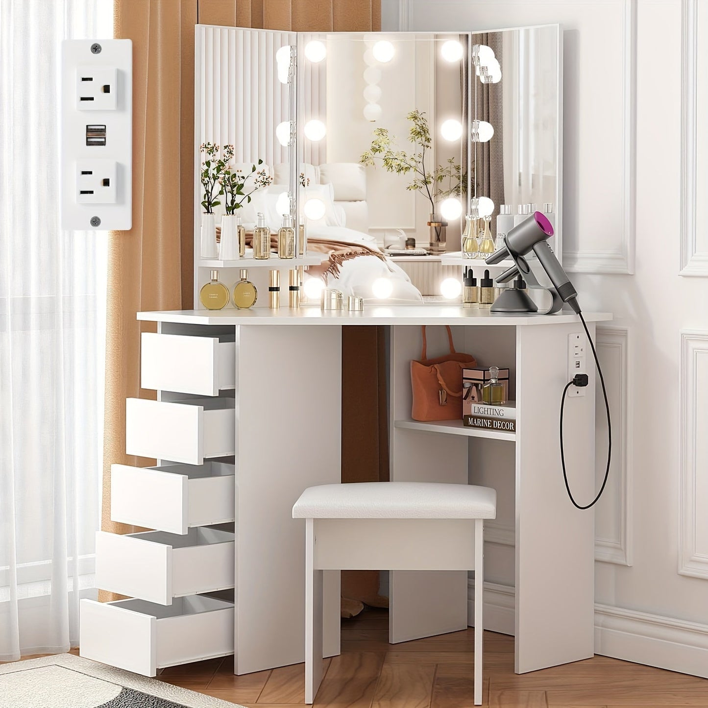 42" Tri-Mirror Corner Makeup Vanity Desk with Outlet, Lights, 5 Sliding Drawers Or Rotating Drawers, Come with Stool