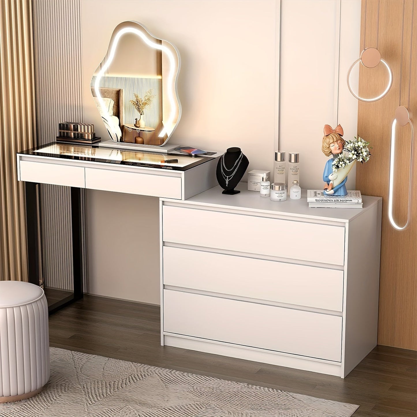 Vanity Desk with Mirror and Lights, Makeup Vanity with Glass Top, Dressing Table with 5 Drawers & Dresser & Jewelry Cabinet, 3 Color Lighting Modes, White