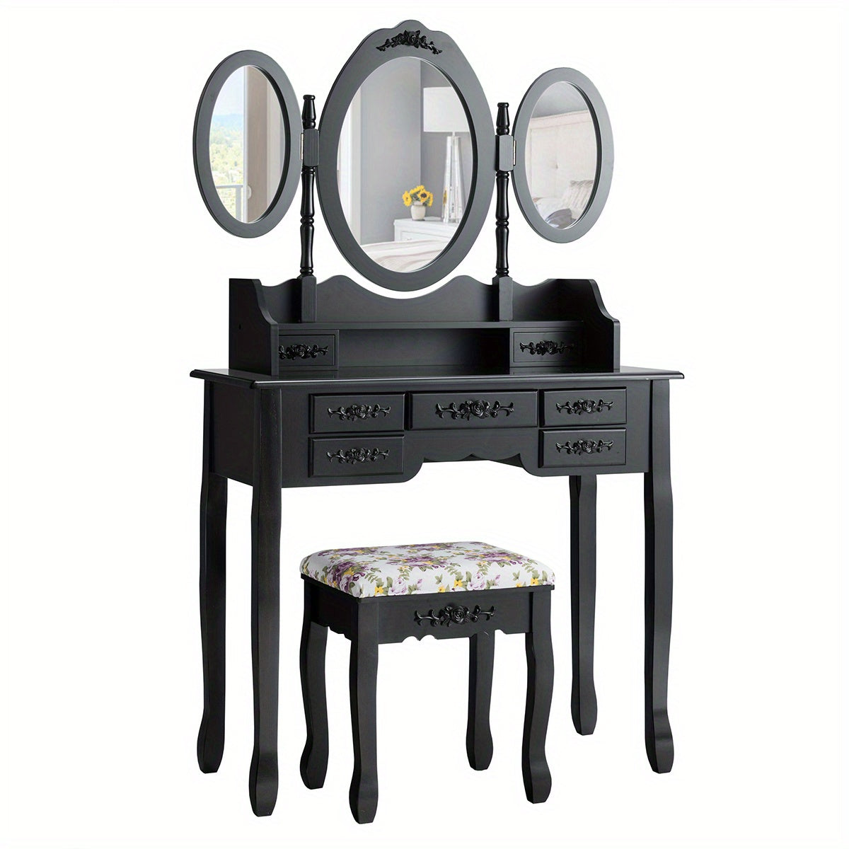 Vanity Makeup Set W/ 7 Drawers, Tri-Folding Mirror, Dressing Table & Stool Set