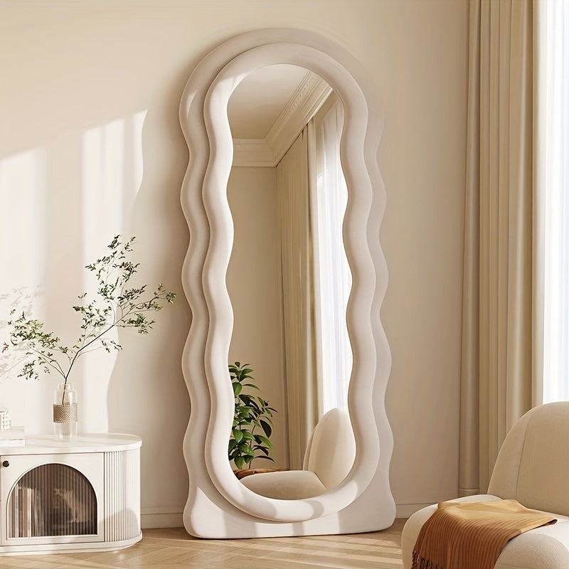 Wavy Flannel Soft Cover Full-body Floor Mirror, With Support Can Be Placed On The Ground, Can Also Be Wall-mounted, Dual-use Shatter-proof Cream Wind Dressing Mirror, Not Easily Broken Floor Fitting Mirror