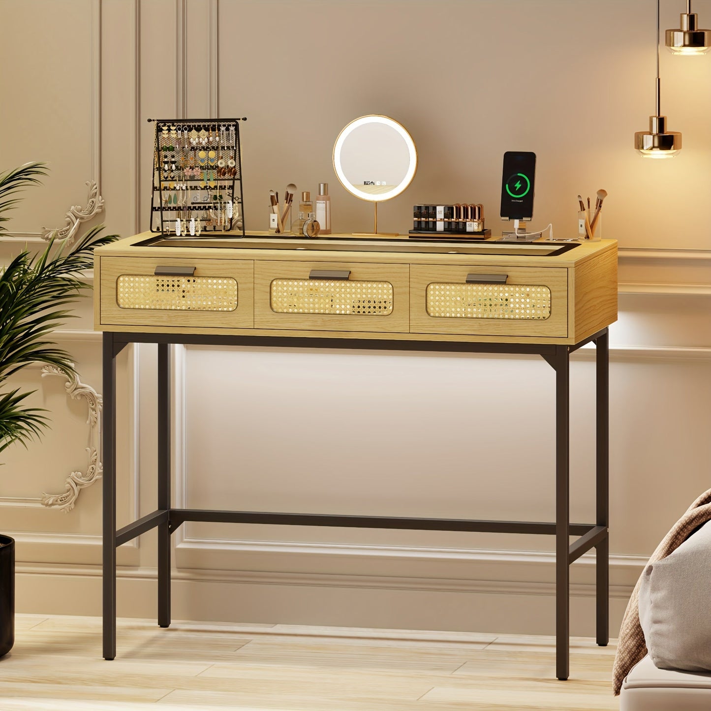 Makeup Vanity With LED Lights - Vanity Desk With Glass Top Design & Charging Station, Wooden Makeup Table With Rattan Drawers, Bedroom Furniture Dressing Table Office Desk