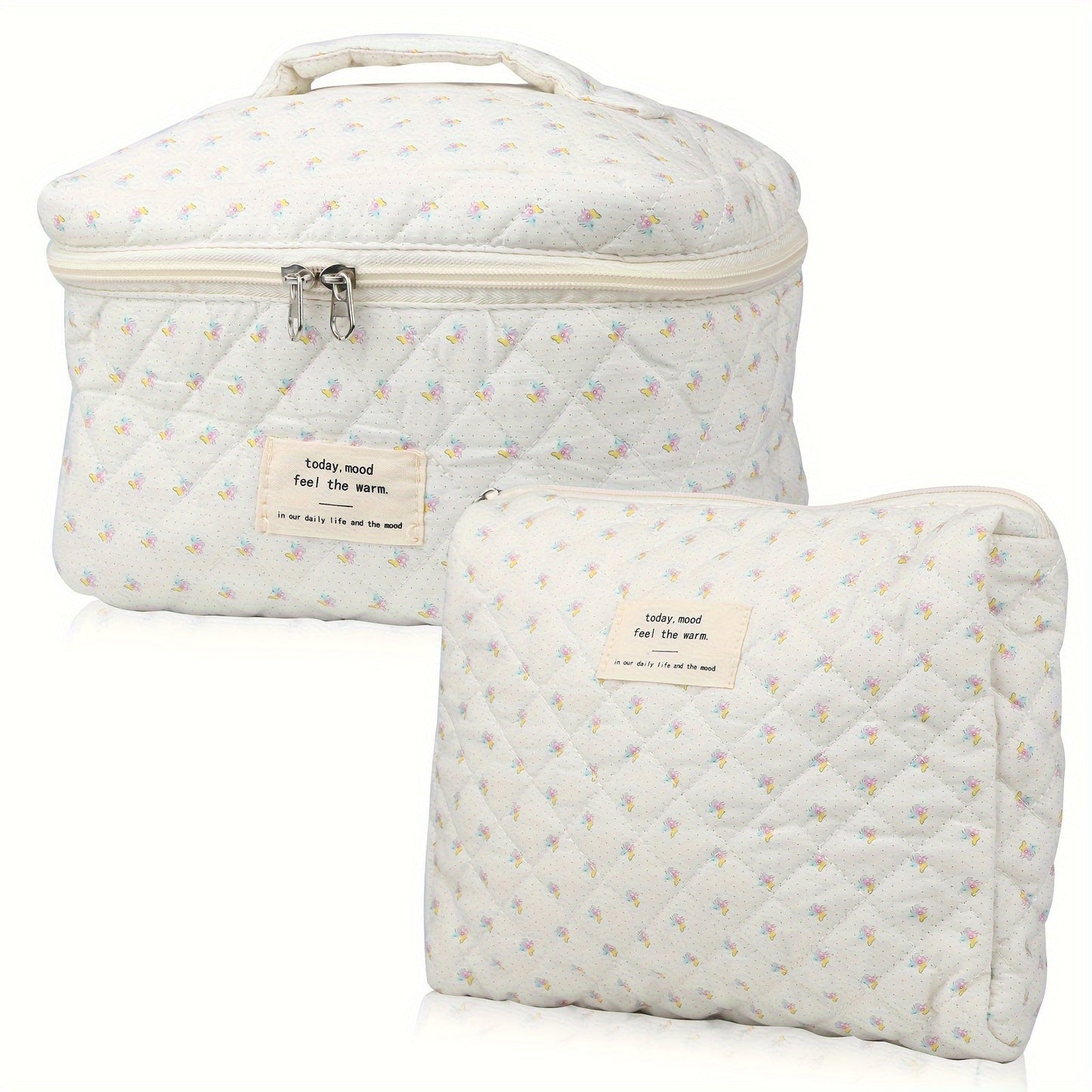 2PCS Cute Makeup Bag for Women, Travel Cosmetic Bags, Quilted Coquette Aesthetic Floral Toiletry Organizer Bag