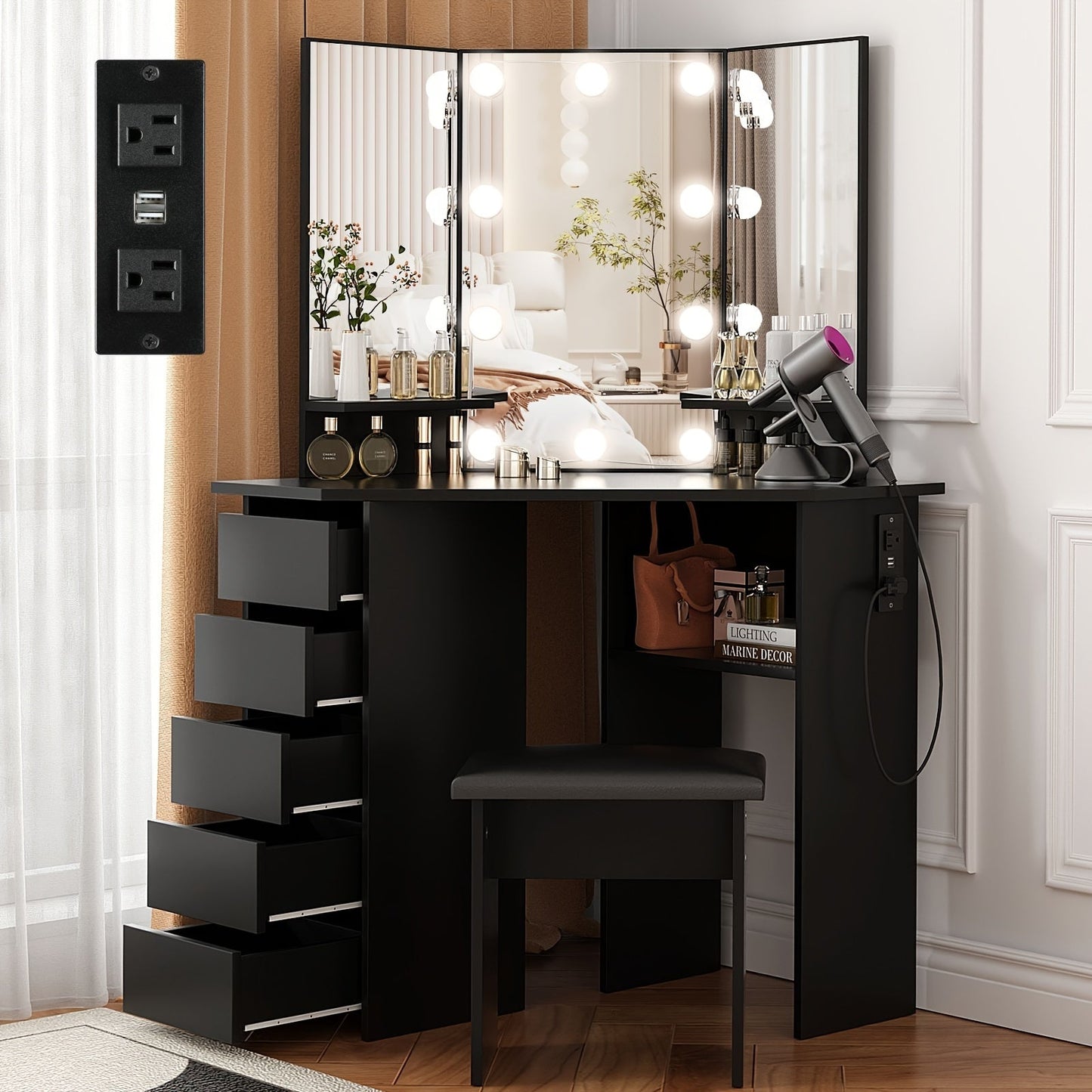 42" Tri-Mirror Corner Makeup Vanity Desk with Outlet, Lights, 5 Sliding Drawers Or Rotating Drawers, Come with Stool